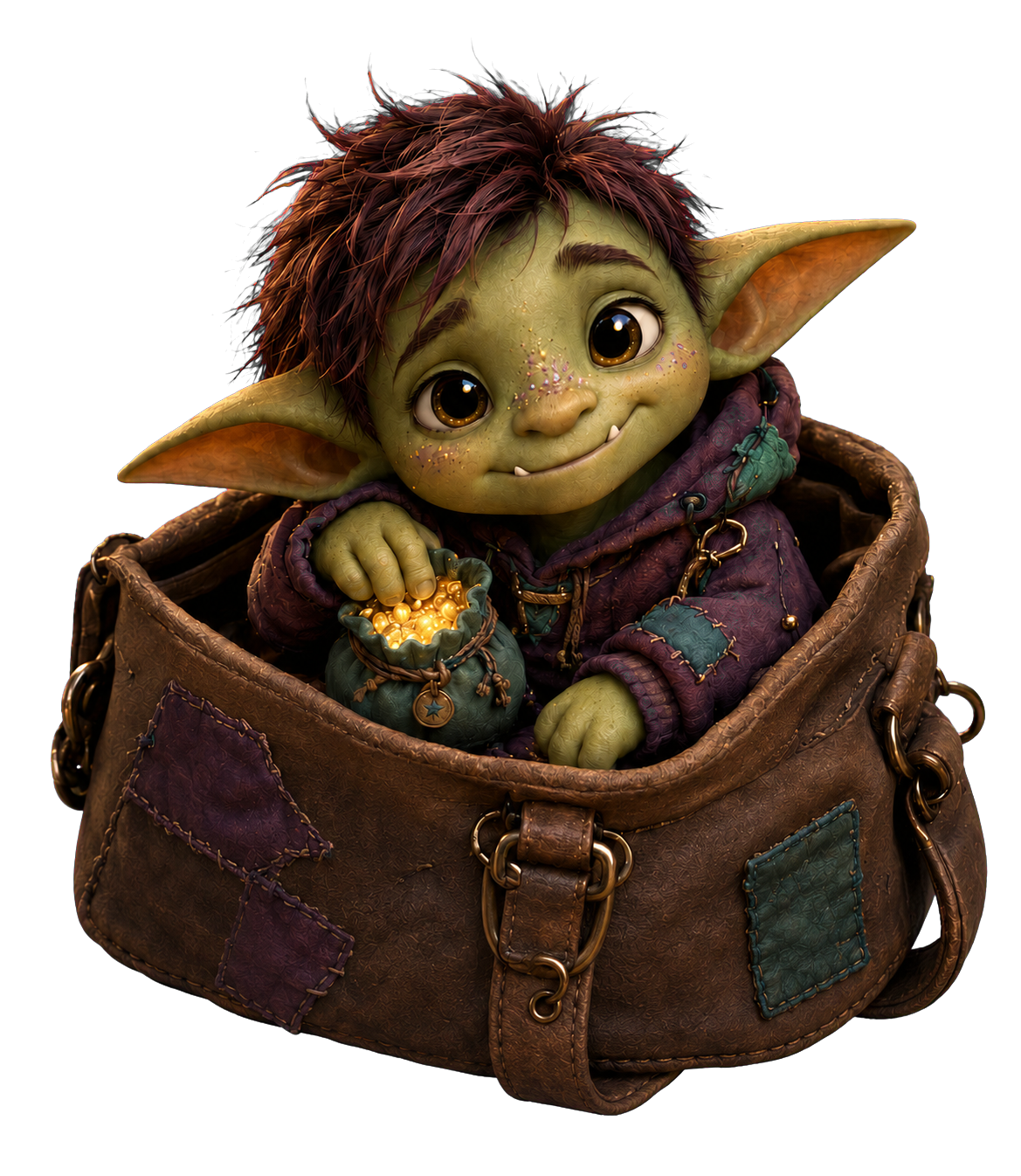 A friendly green goblin in a patched purple hoodie peeking from a courage satchel